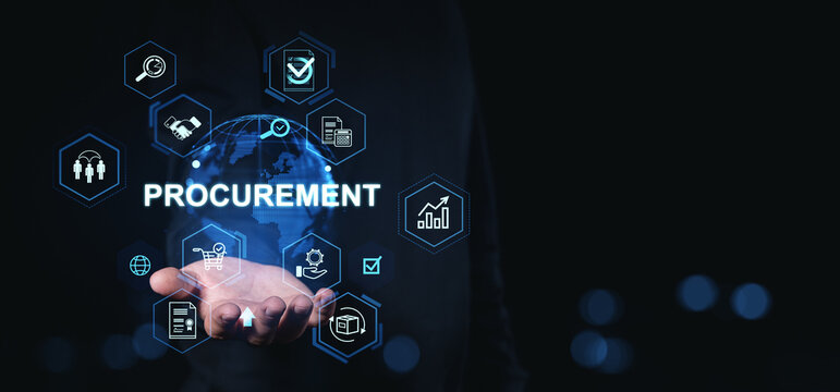 Procurement digital interface with icons showing supply chain and purchasing processes over a glowing globe in a business technology concept scene.