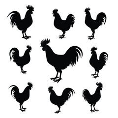 Collection Of Nine Rooster Silhouettes Arranged On A White Background Graphic Style