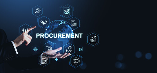 Procurement digital transformation concept with futuristic user interface icons and businessman's hands interacting on dark background.