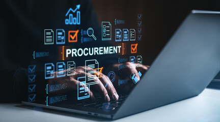 Digital procurement process technology interface with data icons and businessman typing on laptop, representing supply chain management concept.