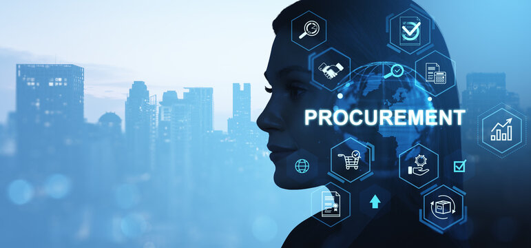 Digital procurement concept with futuristic icons and female pro