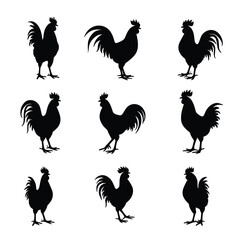 Nine Rooster Silhouettes Standing On A White Background In Varying Poses And Directions
