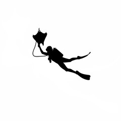 Silhouette of diver bringing marine specimen to surface on white background