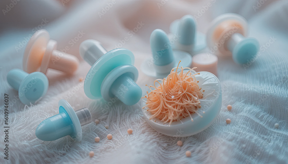 Poster a soft focus image of pastel colored mushroom shaped objects on a textured white surface