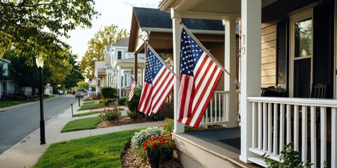 American flags hang proudly on the porches of houses lining a quiet suburban street, symbolizing patriotism and community spirit in a peaceful neighborhood setting.