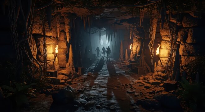 Silhouetted Explorers Venture into a Mysterious, Torch-Lit Ancient Cavern