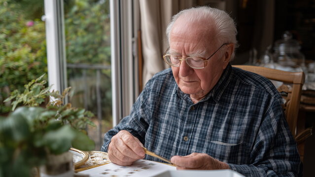 An elderly man wearing glasses sits by a sunlit window, carefully examining his old stamp collection. Warm light and soft shadows create a quiet, peaceful atmosphere for enjoying his nostalgic hobby.