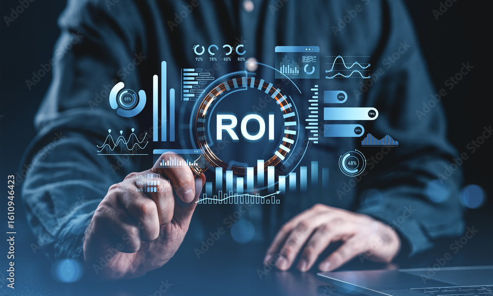 Poster businessman analyzing roi with virtual data graphics in futuristic interface concept on dark backgro