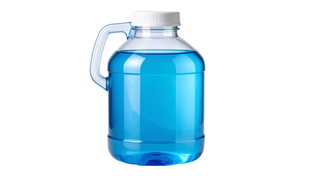 A large, clear plastic jug with an integrated handle and white cap, half-filled with a blue transparent liquid isolated on solid white background Png