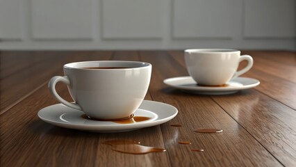 Fototapeta premium Two coffee cups on saucers with spilled coffee on a wooden surface.