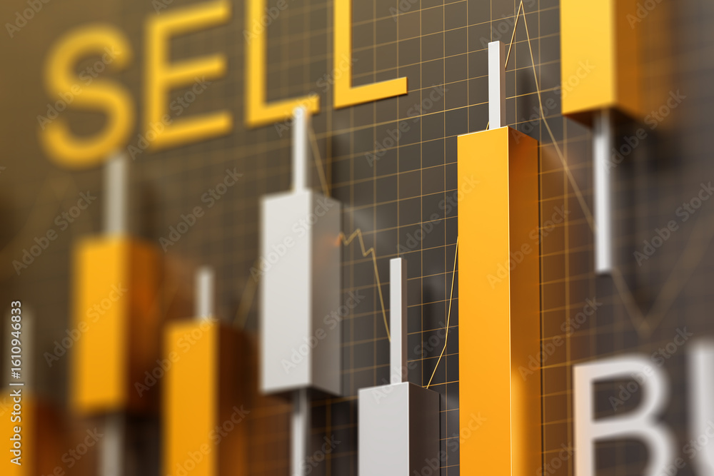 Poster 3d candlestick chart with sell and buy text representing market trading strategy concept on dark gri