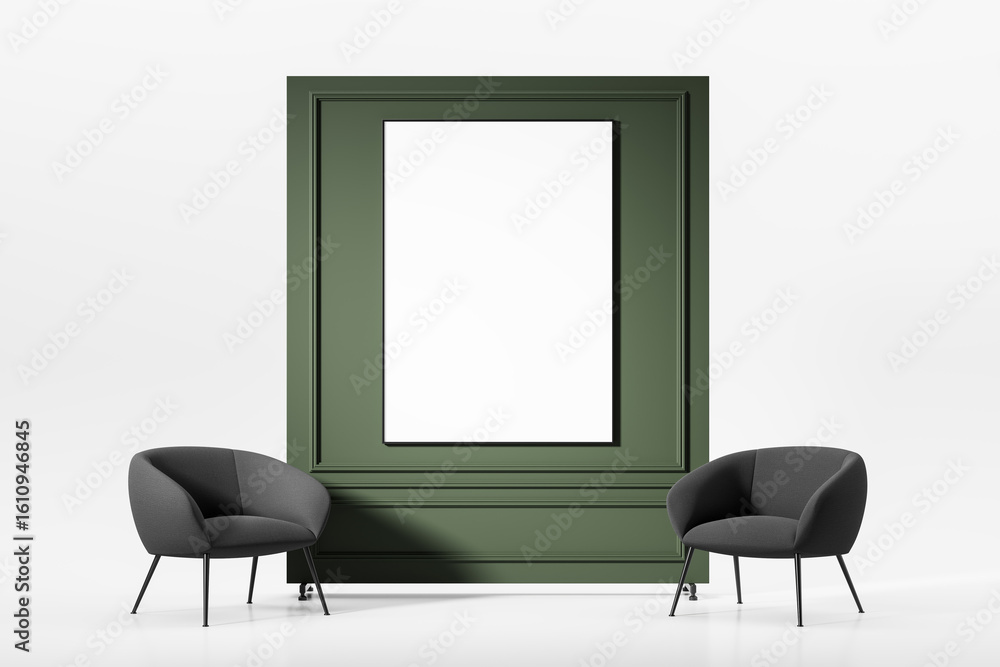 Poster modern lounge interior with two gray chairs and large green panel featuring empty white frame on min