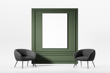 Modern lounge interior with two gray chairs and large green panel featuring empty white frame on minimalist white background. Concept of mockup display.. 3D Rendering