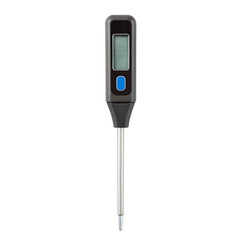 Digital cooking thermometer with a display and probe.