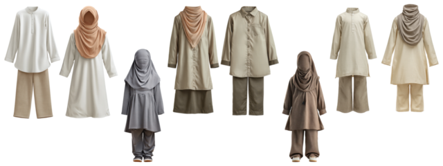 Collection of modest Islamic clothing for adults and children, including hijabs.
