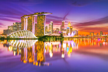View of the skyline at the Downtown Core along Marina Bay at dusk in Singapore.