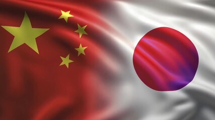 Japanese flag and the Chinese flag waving. International politics and documentary.