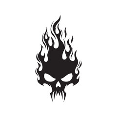 Flaming Skull Stencil, Black Silhouette of Demonic Head on Fire, Tribal Vector Art for Tattoo or Halloween.
