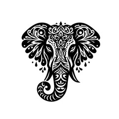 Naklejka premium Ornate elephant head with intricate tribal patterns in black and white
