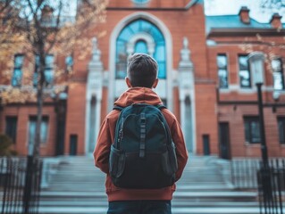 Photo of a young student holding a backpack, standing in front of a school entrance