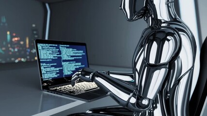 Coding Robot in Urban Cityscape Ideal for Techfocused Projects, Inspiring Innovation and Productivity.