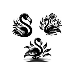 Elegant flamingo designs with floral accents in black and white