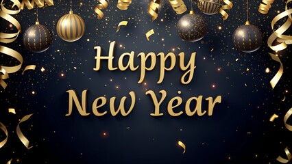 Happy New Year 2025 Greeting with Golden Christmas Baubles, Ribbons, and Sparkling Festive Lights