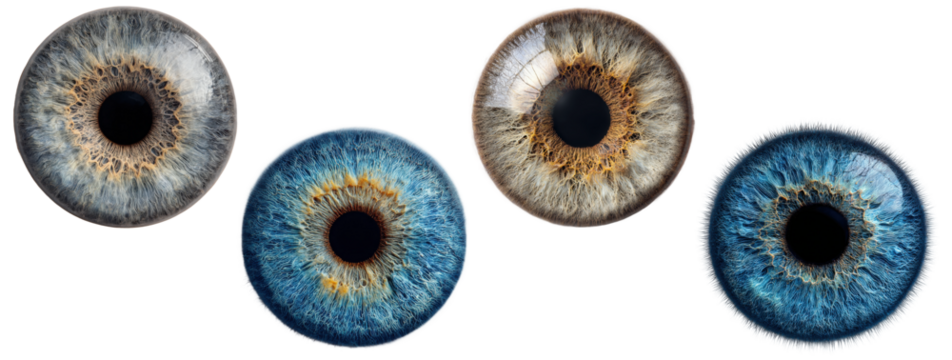 Close-up of four distinct human irises in various colors.