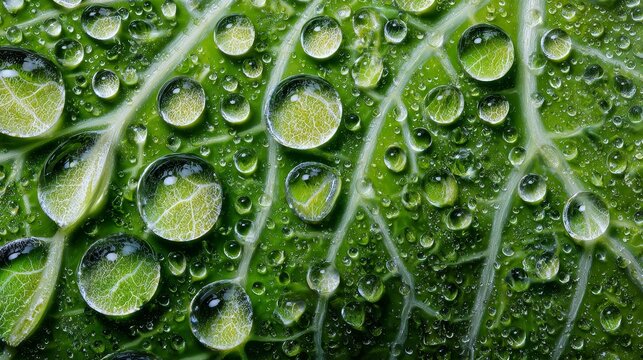 Macro photography of water droplets on kale leaves - ultra high-resolution close-up with insane detail - Powered by Adobe