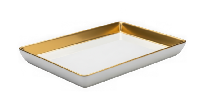 Empty white and gold rectangular tray isolated on transparent background