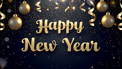 Happy New Year 2025 Greeting with Golden Christmas Baubles, Ribbons, and Sparkling Festive Lights