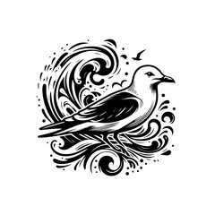 Fototapeta premium Seagull in flight above swirling ocean waves and abstract patterns