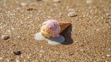 A melting ice cream cone with two scoops lying on a sandy beach on a sunny day at the ocean shore
