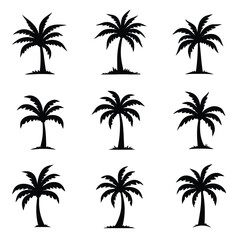 Nine Stylized Black Silhouette Icons Of Palm Trees Arranged On A Clean White Background
