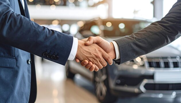 Two men in suits shake hands in a car dealership