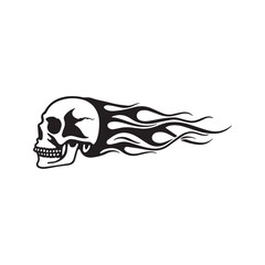 Flaming Skull Profile with Trailing Fire, a Black Silhouette Graphic for Hot Rod Decal or Biker Tattoo.

