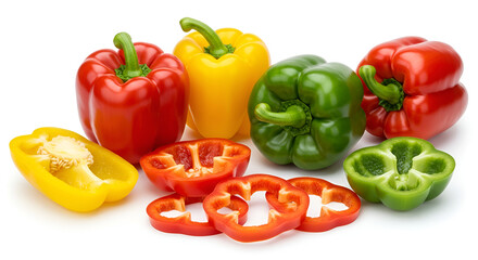 Colorful bell peppers (red, yellow, green) sliced and whole, isolated on white background, 