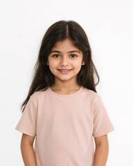 South Asian child girl wearing plain pinkish beige tshirt smiling happy portrait on plain white background