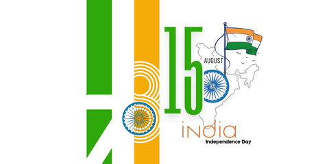 Celebrating 78th India Independence Day 15 August 1947 banner, poster, Illustration background, and card design with Indian map, India flag, Indian flag Ribbon, waves, template design. 