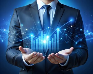 A businessman presents a glowing digital graph, representing financial growth and business analytics