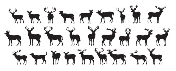 Set of silhouettes of reindeer. male and female deer isolated on a white background.