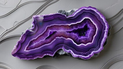 an abstract background featuring a vibrant ultra violet purple agate mineral cross section, with intricate patterns and swirling shapes, showcasing the unique crystalline structure of the agate