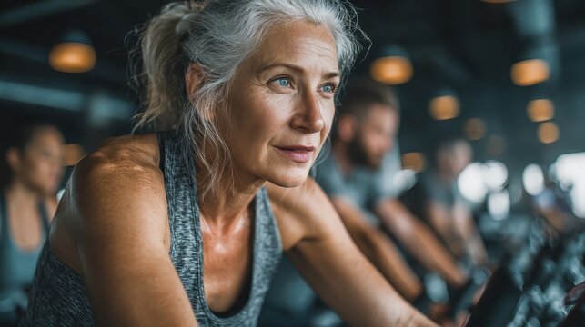 Focused older woman exercising on stationary bike in gym, determined look. Use this shot to promote active aging and healthy lifestyle concept.