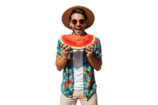 Excited man holding a slice of fresh watermelon.