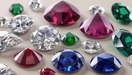 assorted precious stones for jewellery, including diamonds, rubies, emeralds, and sapphires, arranged in a visually appealing manner on a soft
