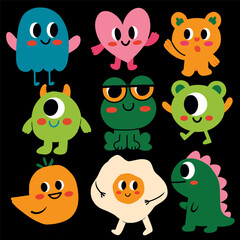 Fototapeta premium Vectors Clipart and Cute Cartoon Monster Doodle Characters Collection on Black Background