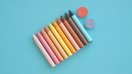 Naklejka premium A flat lay of colorful crayons arranged diagonally with two circles on a blue background studio shot
