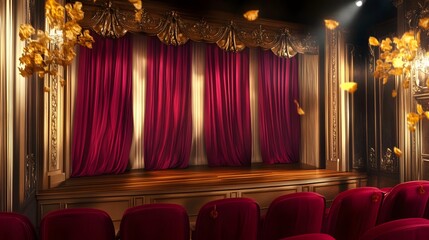 Ornate Theater Stage with Falling Autumn Leaves