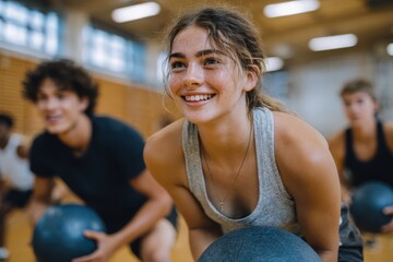 Fototapeta premium Smiling freckled girl lifting weight with diverse group in indoor gym. Demonstrates active, healthy lifestyle, fitness, and community.