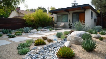 Obraz premium Modern xeriscape garden design featuring native plants and natural stones in a residential setting